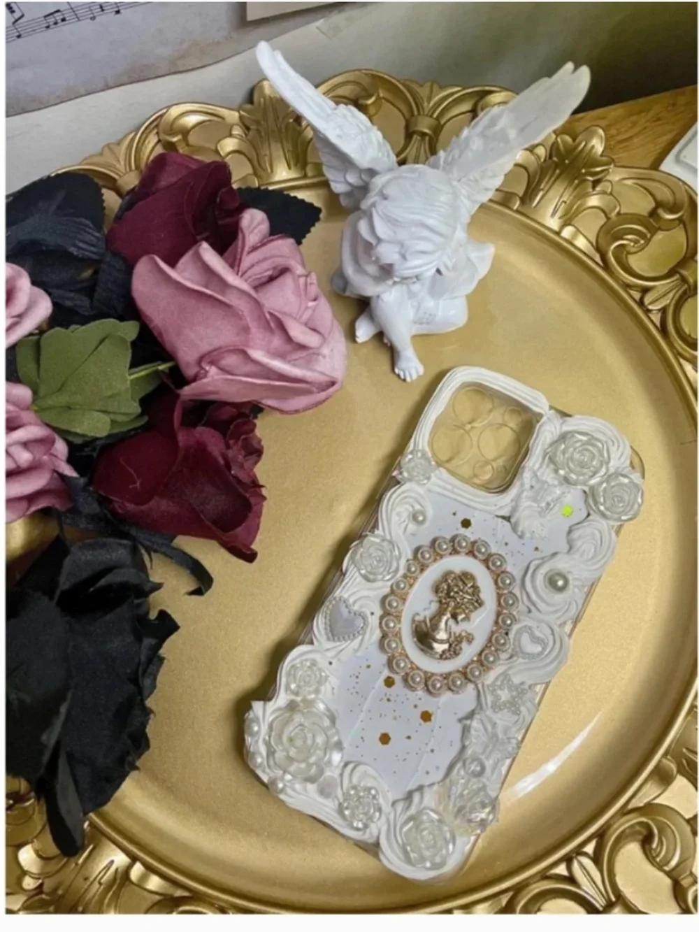 iPhone 12pro Baroque Phone Case, Handmade Vintage case with free beads chain